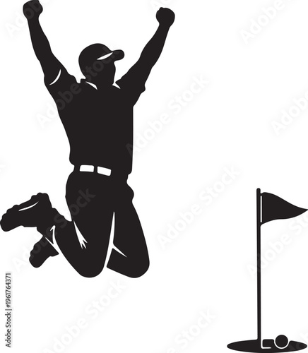silhouette of hole-in-one celebration jump arms raised high