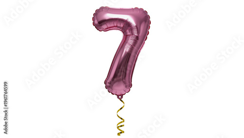 Bild auf Leinwand Shiny metallic pink number seven balloon elegantly suspended by a golden ribbon,
