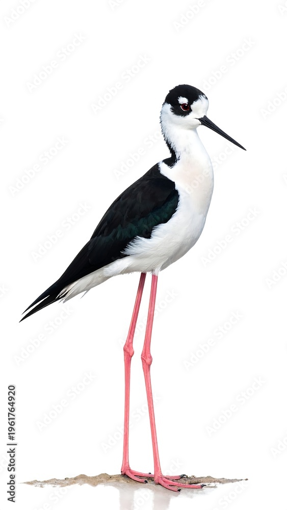 Fototapeta premium A black-necked stilt standing on a patch of dry land