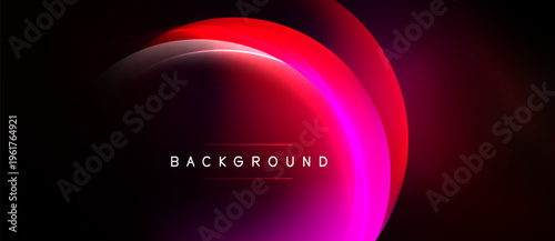 Abstract design features vibrant red, purple gradients. Circular layers create dynamic visual effect. Text reads background. Dark backdrop emphasizes luminosity.