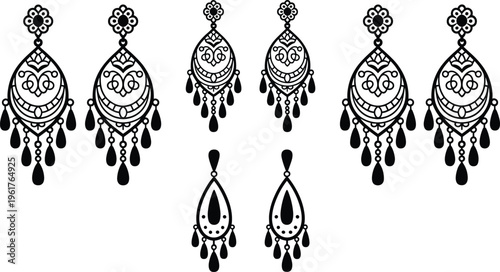 Ornate earring silhouette illustration featuring traditional jewelry designs with floral and teardrop patterns, symbolizing fashion, accessories, and decorative design projects