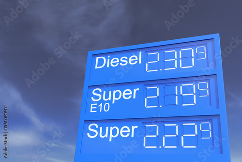 3d Illustation - Tankstellenanzeigetafel - Spritpreise - Teuer - Sprit - Benzin - Diesel
