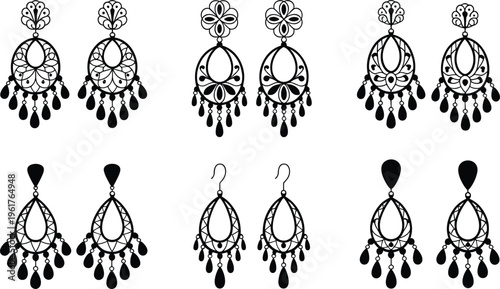 Ornate earring silhouette illustration featuring floral, teardrop, and dangling jewelry designs, symbolizing fashion, accessories, and decorative design projects