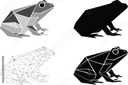 Geometric frog vector illustration polygonal amphibian silhouette minimalist low poly animal design black white grayscale line art modern wildlife icon branding graphic set