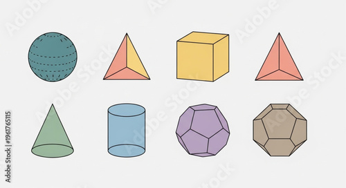 Geometric Shapes Collection - Sphere, Tetrahedron, Cube, Cone, Cylinder, Icosahedron.
