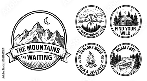Mountain adventure and camping vintage emblem engraving set