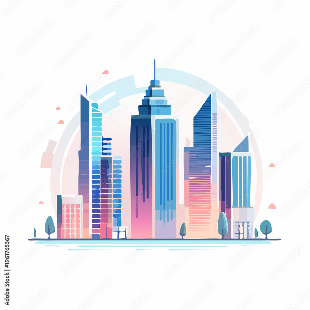 Fototapeta premium Dynamic Vector Cityscape Illustration Depicting Modern Architectural Structures and a Vibrant Urban Skyline