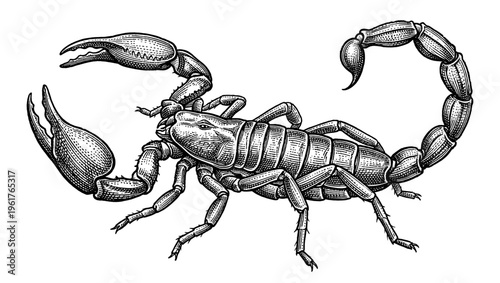 Scorpion arachnid profile full body in vintage engraving style