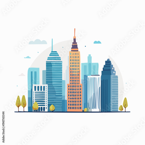 Modern Urban Metropolis Skyline Illustration with Prominent Skyscrapers, Office Towers, and Greenery