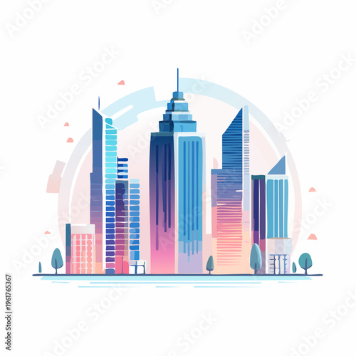 Dynamic Vector Cityscape Illustration Depicting Modern Architectural Structures and a Vibrant Urban Skyline