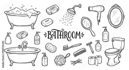 Bathroom and hygiene accessory doodle set with bathtub and toilet