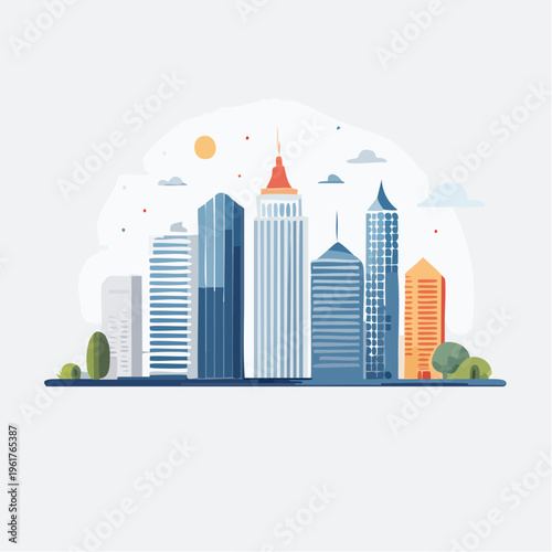 Modern Cityscape Illustration with Tall Skyscrapers and Greenery, Blue Sky Background