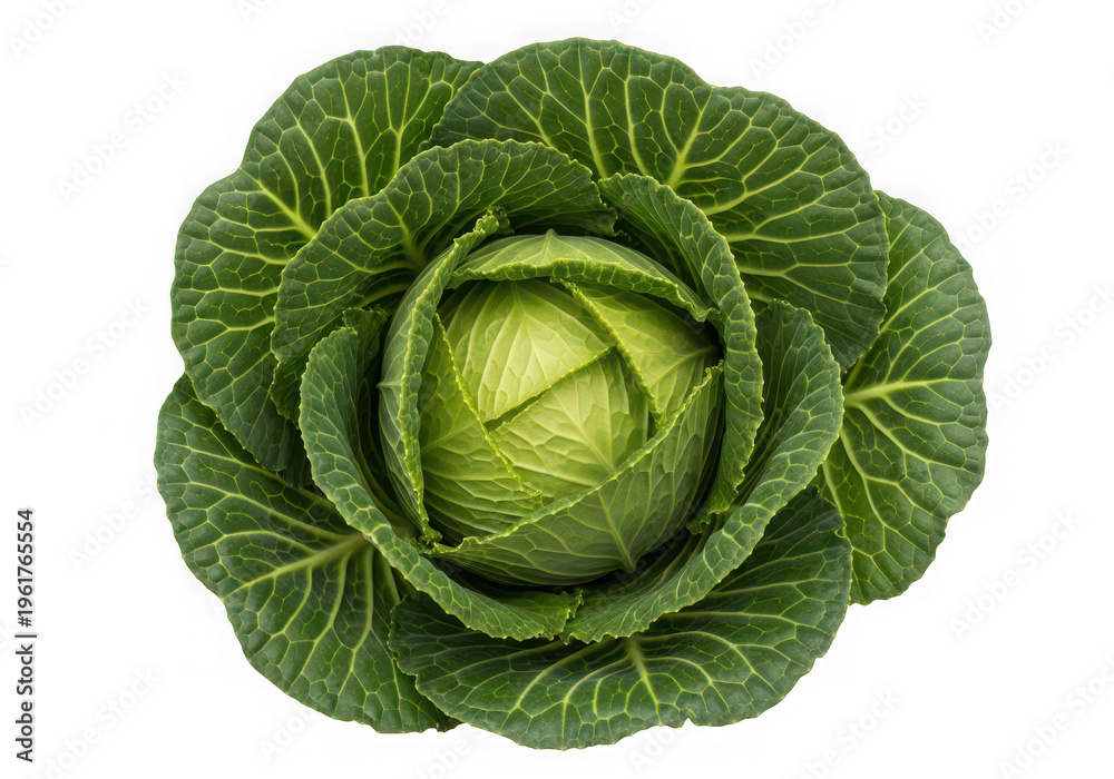 Obraz premium A vibrant green cabbage with tightly packed leaves displayed against