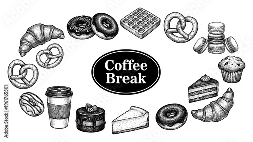 Vintage hand drawn coffee break pastry and dessert engraving set