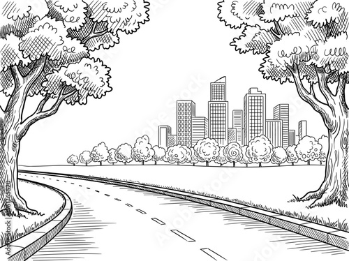 City skyline road view with tree and skyscraper line art sketch