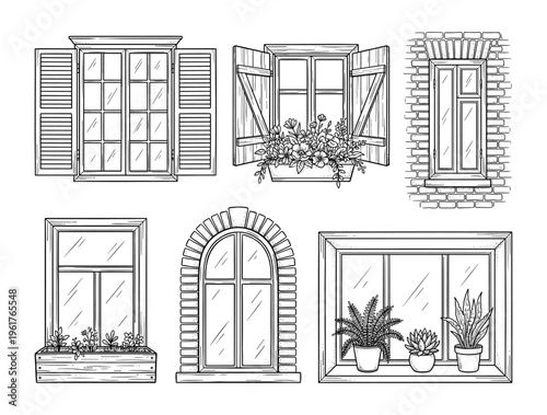 Architecture window line art set with shutter and flower box