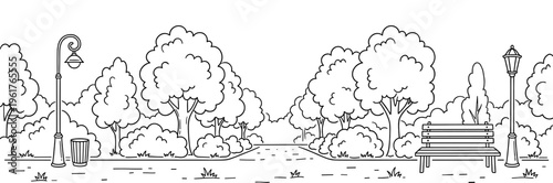 City park panorama with bench street lamp and tree sketch