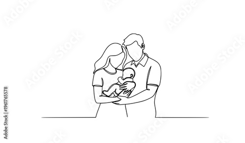 Happy family one line continuous vector illustration with mother father holding newborn baby minimalist parenting concept