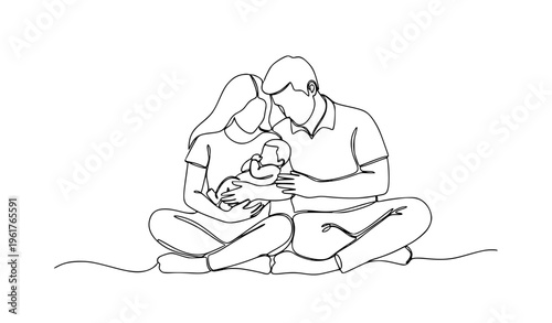 Minimalist one line family silhouette vector illustration parents holding newborn child happy family concept