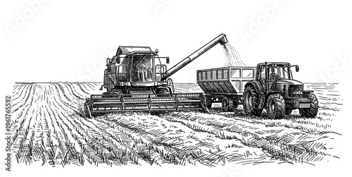 Combine harvester and tractor with grain harvest engraving