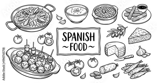 Spanish food and tapas hand drawn line art sketch set