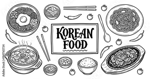 Korean food hand drawn sketch with kimchi bibimbap noodle bowl and stew