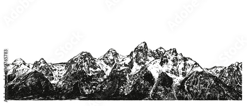 Mountain range panorama with snow peak engraving sketch