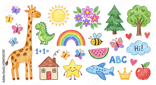 Kids doodle with giraffe dinosaur and rainbow crayon texture