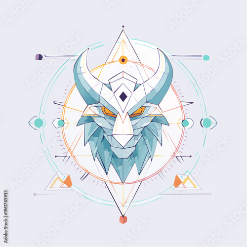 Intricate geometric beast head emblem, infused with sacred geometry and a mystical, strong presence