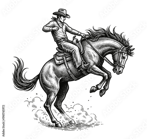 Cowboy riding bucking bronco horse vintage engraving