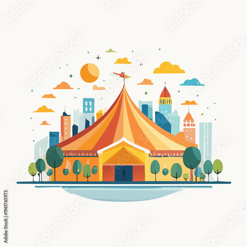 Vibrant big top circus tent in a stylized urban setting, symbolizing joyful entertainment and memorable spectacle