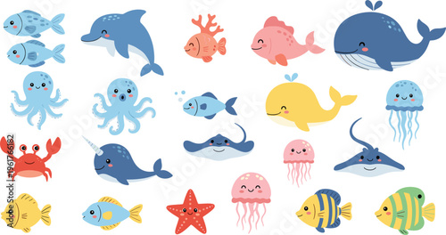 Collection of cute sea animals vector illustrations including fish dolphin whale octopus crab jellyfish starfish and manta characters set