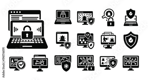Cybersecurity icons set with padlock shield laptop and computer symbols for online safety and protection concepts