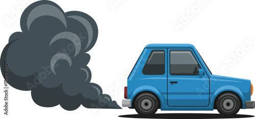 A blue two door compact car is shown blowing dark gray smoke out of its tailpipe