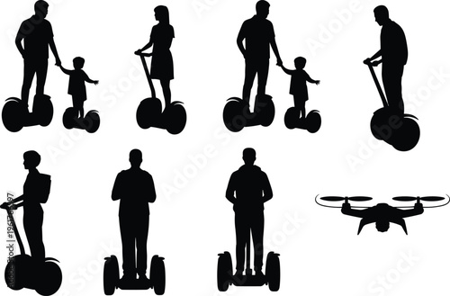 Segway rider and drone silhouette illustration featuring family transport, urban mobility, and technology, symbolizing modern lifestyle, commuting, and infrastructure design projects