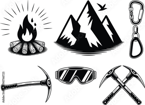 Camping and mountaineering icons set with campfire mountains carabiner ice axe and goggles
