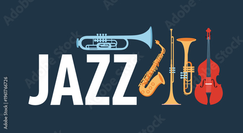 Minimalist jazz music banner with flat vector musical instrument icons