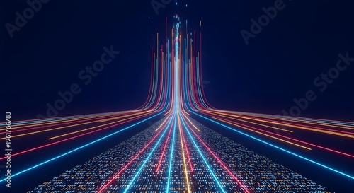 Neon light trails in shades of blue, red, and orange converge in the distance on a dark background with a textured surface.