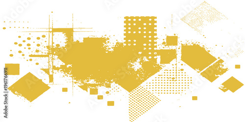 Abstract geometric composition featuring a collection of vibrant shapes, textures and forms creating a dynamic and visually stimulating design.