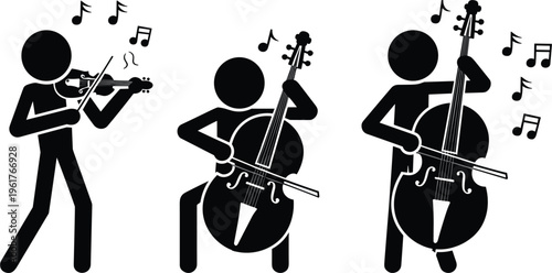 Silhouette musicians playing violin and cello with musical notes in simple black icon style