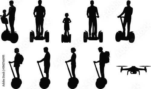 Self-balancing scooter and drone silhouette illustration featuring hoverboards, Segways, and urban transport, symbolizing mobility, technology, and modern lifestyle design projects