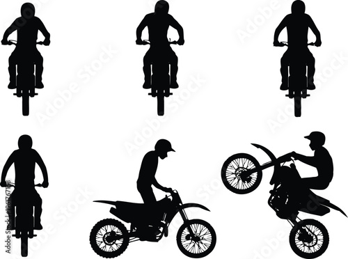 A collection of dynamic black silhouettes showcasing motocross riders on their bikes performing various actions