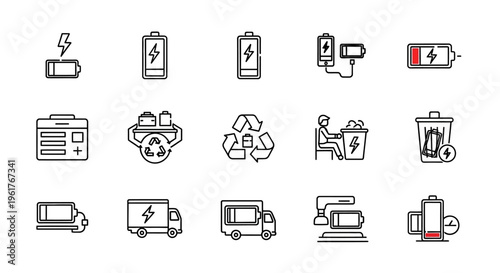 Battery and Energy Lifecycle Icon Set - Charging, Recycling, Logistics, and Power Management Line Art
