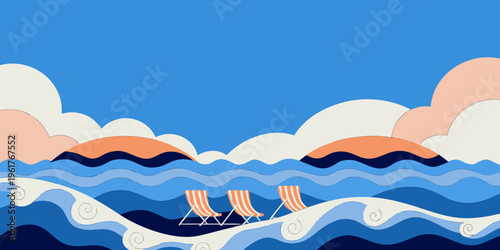 Three striped beach chairs face a rolling dark blue ocean with stylized white swirls indicating breaking waves beneath soft orange sunset shapes.