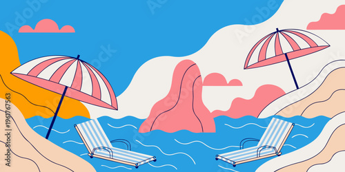 Graphic illustration portrays a calm beach setting with two striped sun loungers partially submerged in blue water beneath pink striped parasols on sandy mounds.
