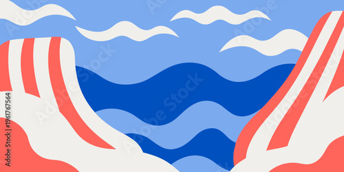 Stylized beach scene features two striped deck chairs flanking a vibrant blue ocean under a partly cloudy sky with simplified white cloud shapes.