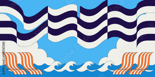 Two pairs of orange and white striped deck chairs sit below massive waving blue and white striped banners resembling stylized ocean swells in bright daylight.
