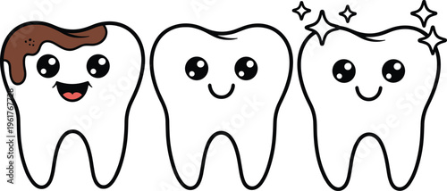 Cute tooth characters set showing dirty clean and sparkling teeth representing dental care hygiene and oral health concepts in cartoon style