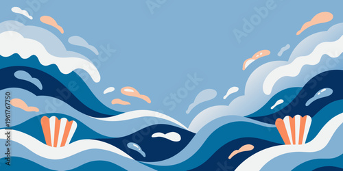 Stylized ocean waves roll dynamically with two large scallop shells floating on the turbulent blue water surface illustration.