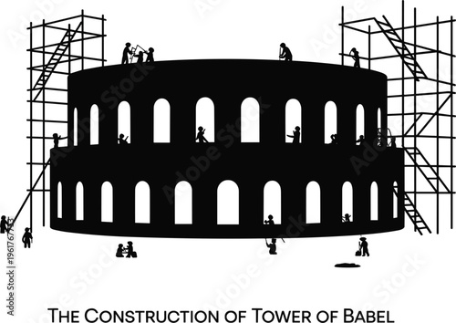Tower of Babel construction scene with workers building ancient structure in detailed silhouette illustration